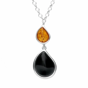 Sterling Silver Whitby Jet Amber Two Stone Pear Drop Necklace