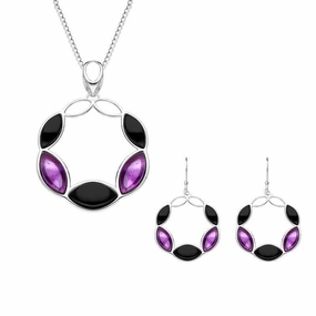 Sterling Silver Whitby Jet Amethyst Five Stone Leaf Circle Two Piece Set