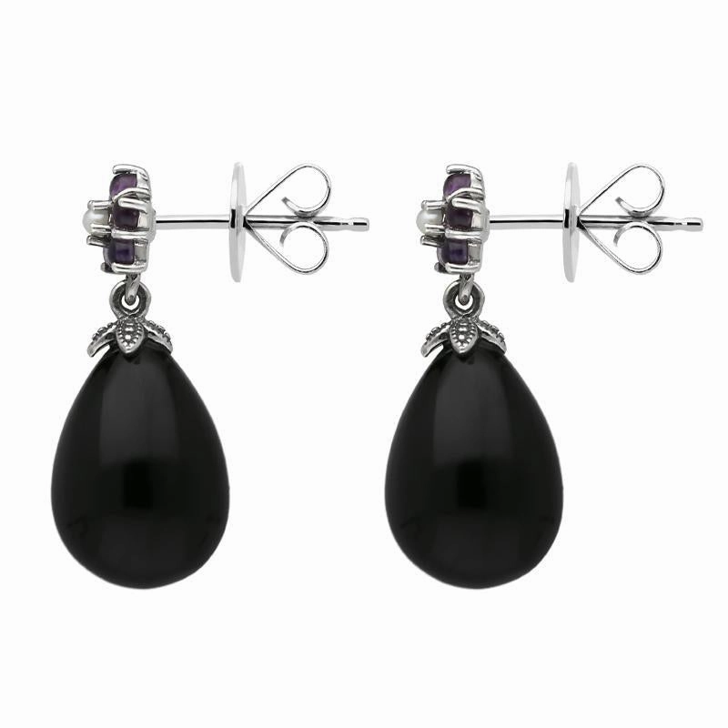 Sterling Silver Whitby Jet Amethyst Pearl Flower Drop Earrings
