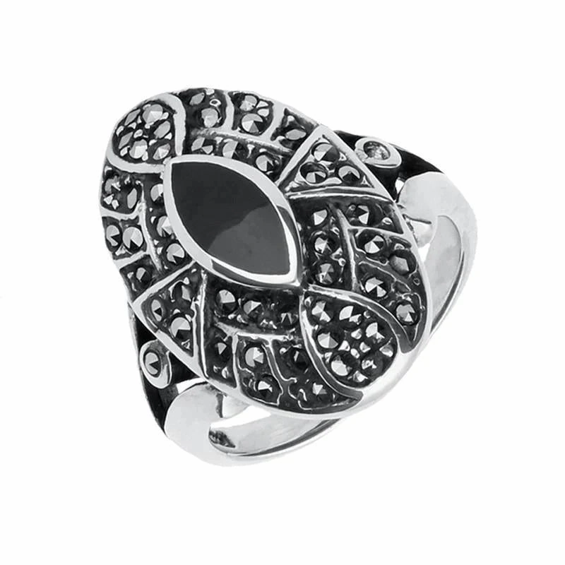 Sterling Silver Whitby Jet & Marcasite Decorative Shield Ring