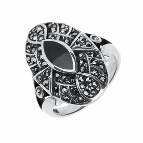 Sterling Silver Whitby Jet & Marcasite Decorative Shield Ring