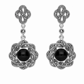 Sterling Silver Whitby Jet & Marcasite Overlap Ribbon Drop Earrings