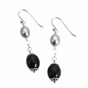 Sterling Silver Whitby Jet & Pearl Medium Oval Bead Drop Earrings