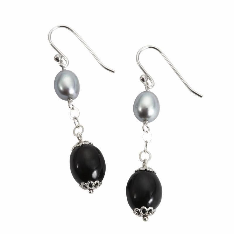 Sterling Silver Whitby Jet & Pearl Medium Oval Bead Drop Earrings