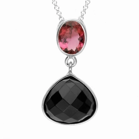 Sterling Silver Whitby Jet & Pink Tourmaline Faceted Pear Necklace