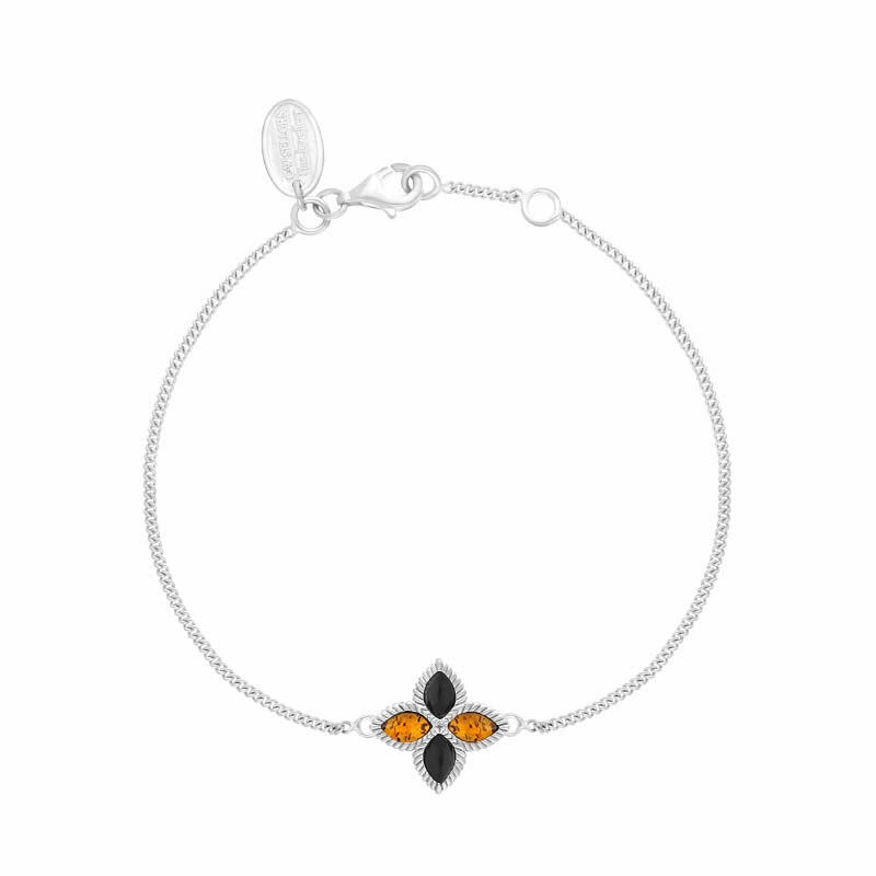 Sterling Silver Whitby Jet And Amber Eden Marquise Flower Bracelet