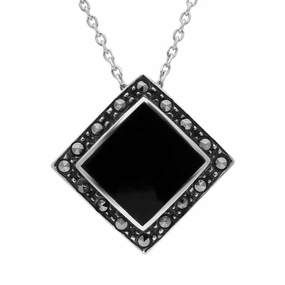 Sterling Silver Whitby Jet and Marcasite Square Framed Necklace D