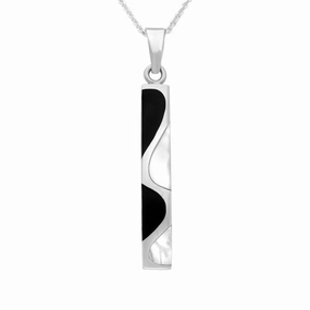 Sterling Silver Whitby Jet and Mother of Pearl Four Stone Curved Oblong Necklace