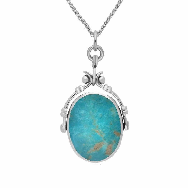 Sterling Silver Whitby Jet and Turquoise Long Oval Swivel Fob Necklace
