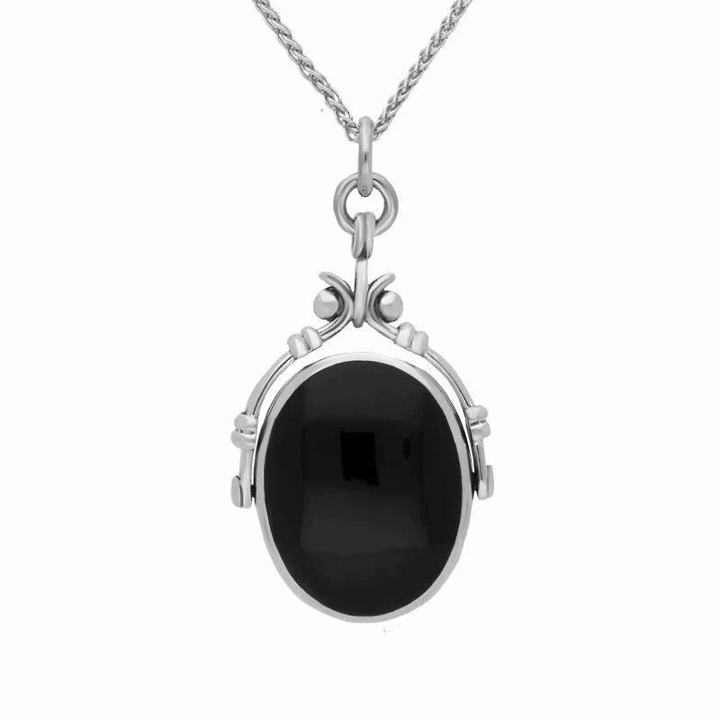 Sterling Silver Whitby Jet and Turquoise Long Oval Swivel Fob Necklace