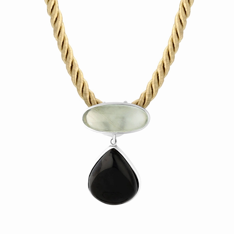 Sterling Silver Whitby Jet Aquamarine Oval Pear Drop Two Stone Drop Necklace D