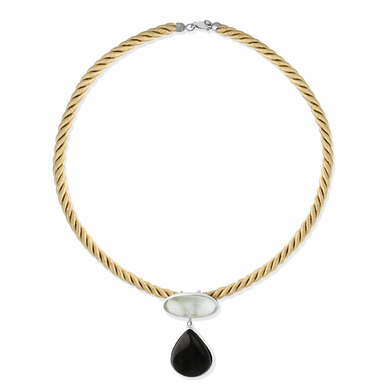 Sterling Silver Whitby Jet Aquamarine Oval Pear Drop Two Stone Drop Necklace D