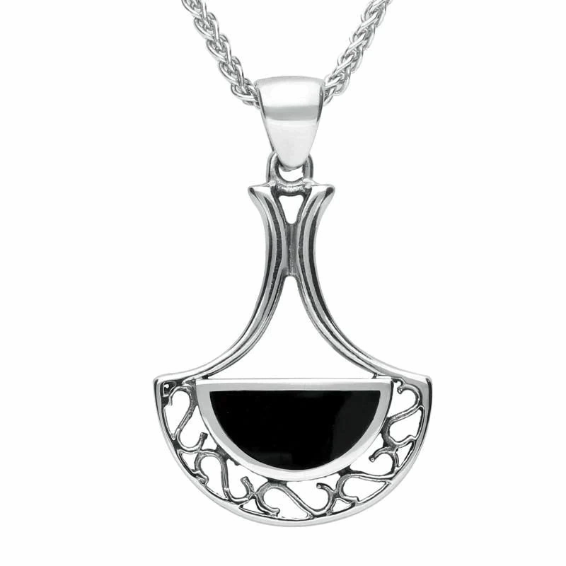 Sterling Silver Whitby Jet Art Deco Fan Necklace