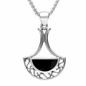 Sterling Silver Whitby Jet Art Deco Fan Necklace