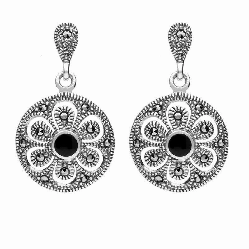 Sterling Silver Whitby Jet Art Deco Floral Marcasite Drop Earrings
