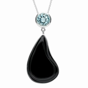 Sterling Silver Whitby Jet Blue Topaz Abstract Pear Necklace