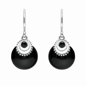 Sterling Silver Whitby Jet Button Cap Drop Earrings