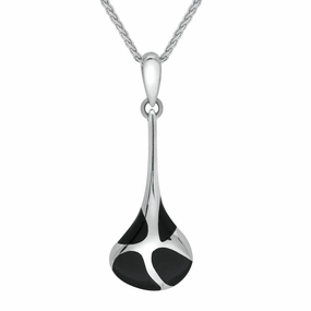 Sterling Silver Whitby Jet Cabochon Set Droplet Necklace P826