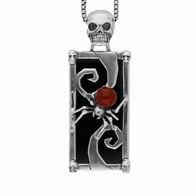 Sterling Silver Whitby Jet Carnelian Rectangular Spider Necklace