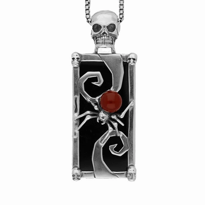 Sterling Silver Whitby Jet Carnelian Rectangular Spider Necklace