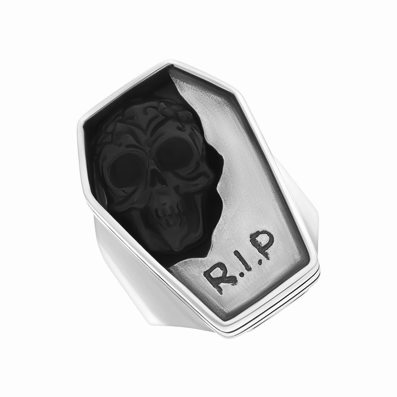Sterling Silver Whitby Jet Carved Skull Tombstone Unique Ring D