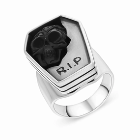 Sterling Silver Whitby Jet Carved Skull Tombstone Unique Ring D