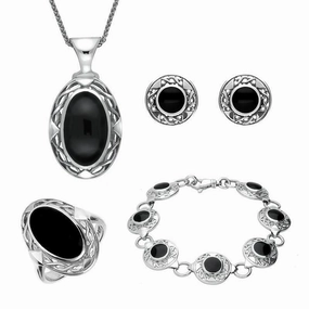 Sterling Silver Whitby Jet Celtic Oval Four Piece Set