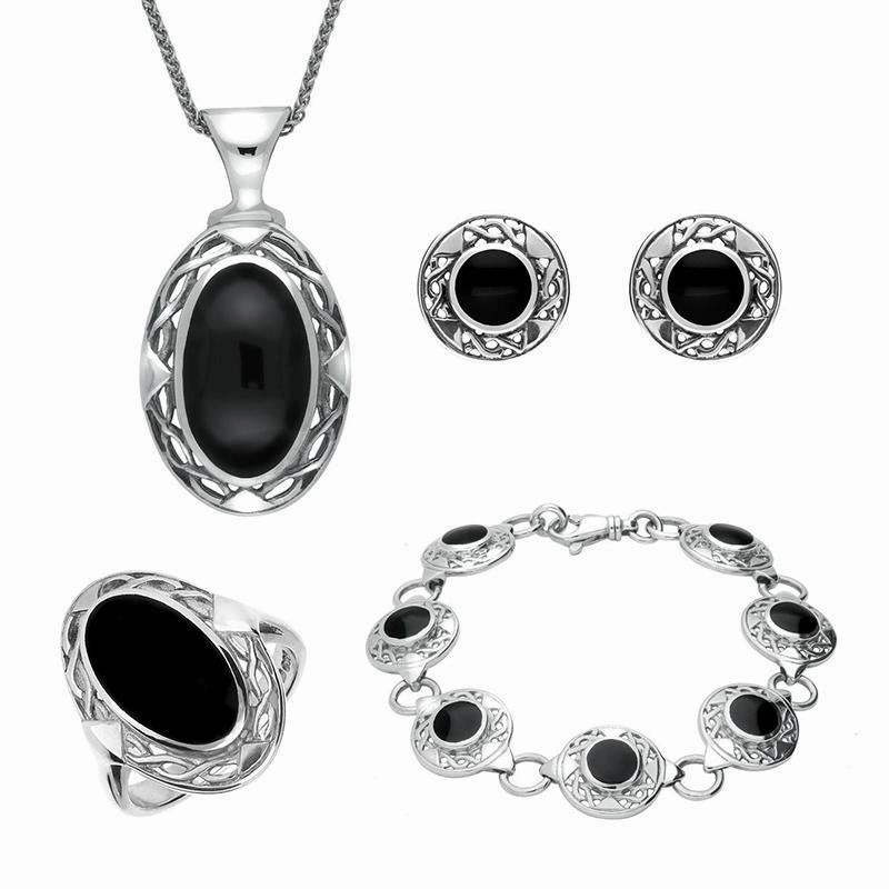 Sterling Silver Whitby Jet Celtic Oval Four Piece Set
