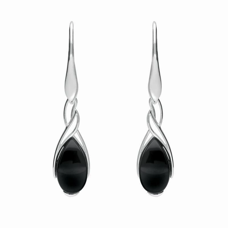 Sterling Silver Whitby Jet Celtic Pear Drop Earrings