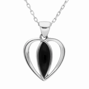 Sterling Silver Whitby Jet Centre Stone Heart Necklace