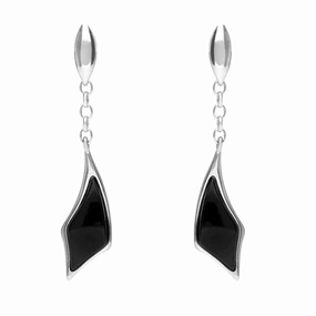 Sterling Silver Whitby Jet Curved Diamond Shape Chain Drop Earrings D
