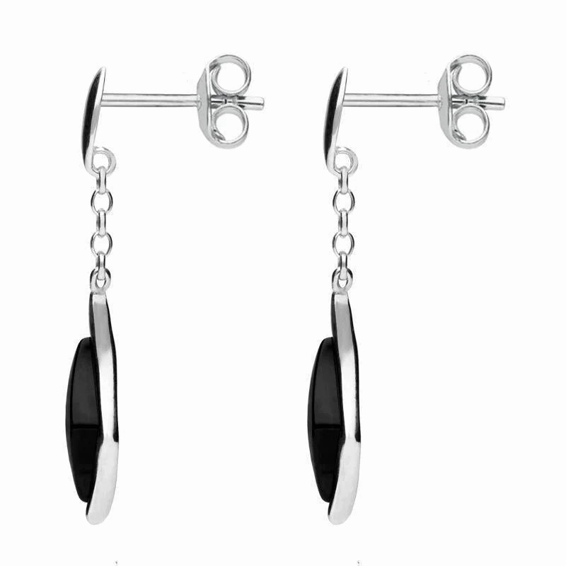 Sterling Silver Whitby Jet Curved Diamond Shape Chain Drop Earrings D