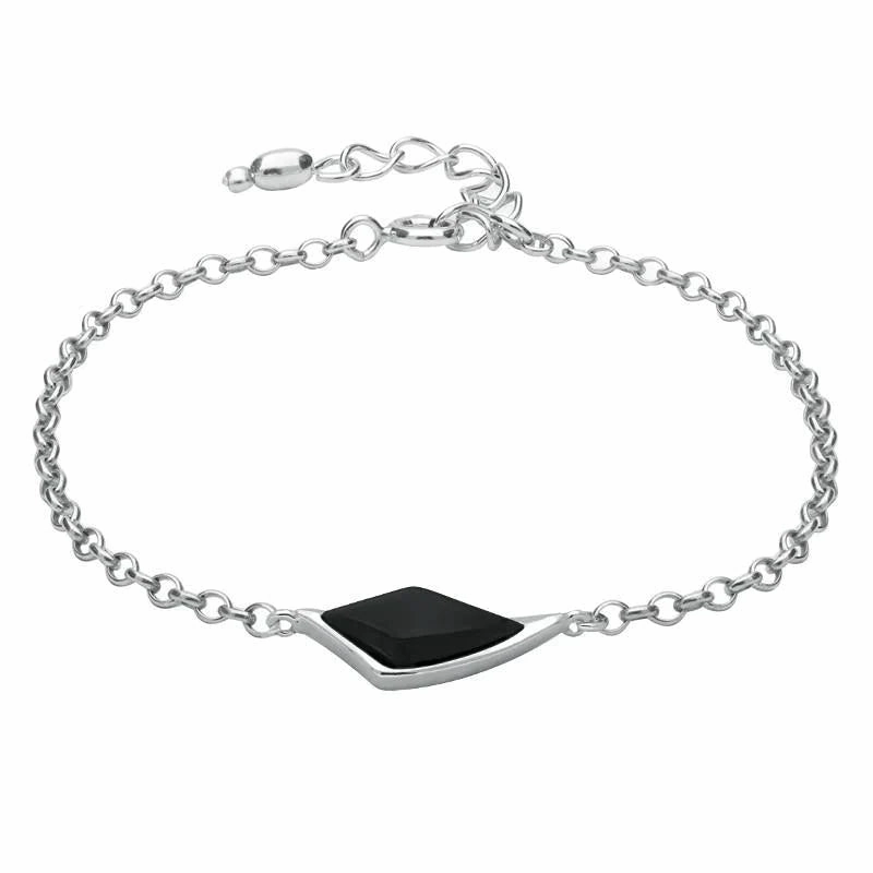 Sterling Silver Whitby Jet Curved Diamond Shaped Bracelet