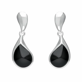 Sterling Silver Whitby Jet Curved Pear Drop Earrings