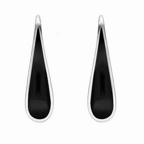 Sterling Silver Whitby Jet Curved Pear Hook Earrings