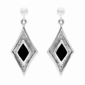 Sterling Silver Whitby Jet Diamond Shaped Drop Earrings
