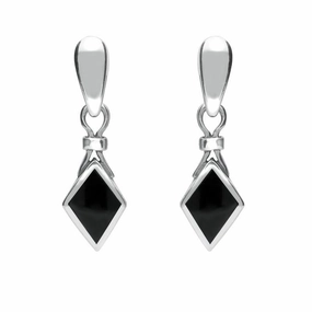 Sterling Silver Whitby Jet Dinky Diamond Shape Drop Earrings