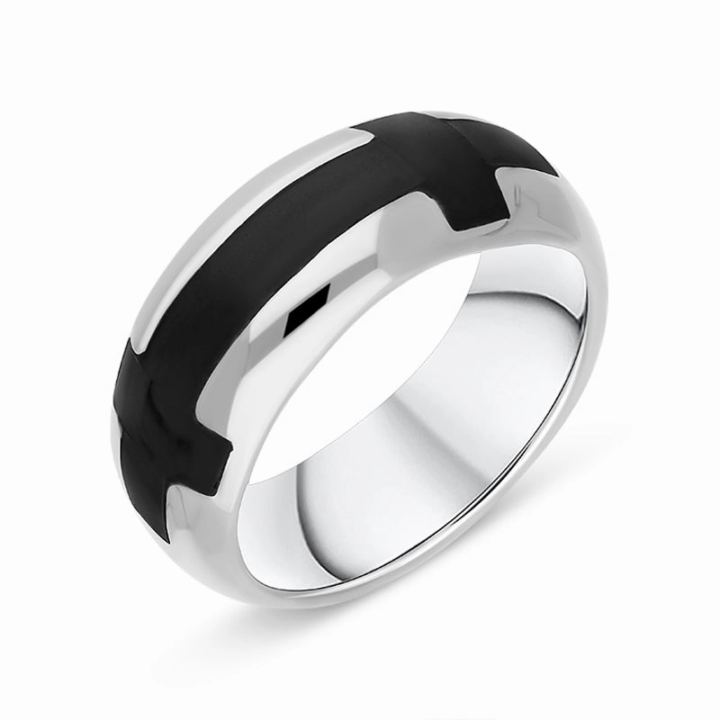 Sterling Silver Whitby Jet Double Cross Band Ring D