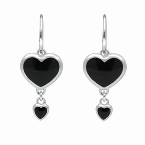 Sterling Silver Whitby Jet Double Heart Hook Earrings