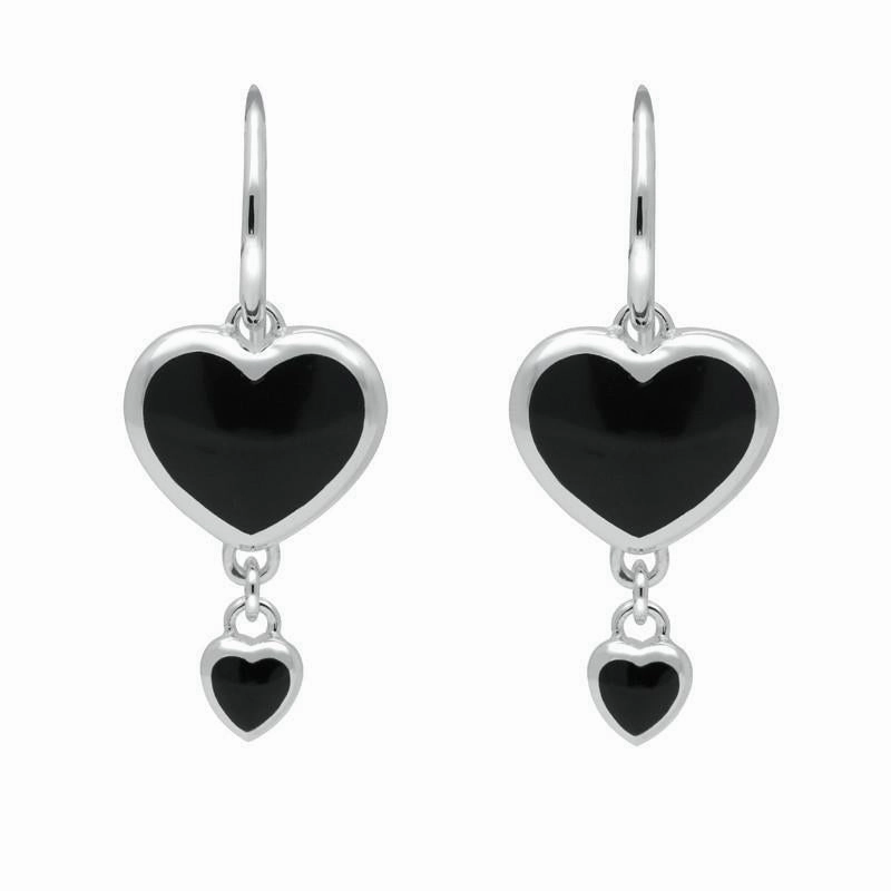 Sterling Silver Whitby Jet Double Heart Hook Earrings