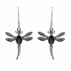 Sterling Silver Whitby Jet Dragonfly Hook Earrings