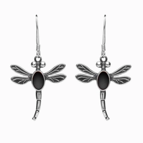 Sterling Silver Whitby Jet Dragonfly Hook Earrings