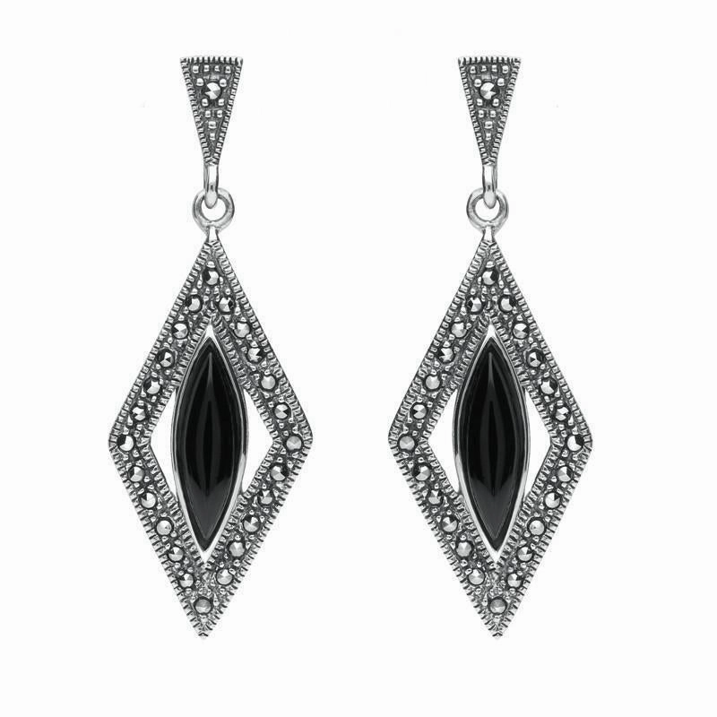Sterling Silver Whitby Jet Drop Marquise Marcasite Earrings