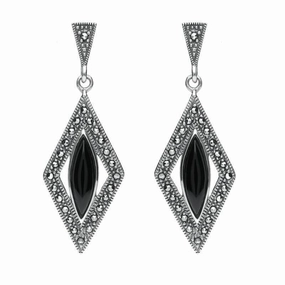 Sterling Silver Whitby Jet Drop Marquise Marcasite Earrings