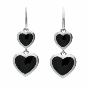 Sterling Silver Whitby Jet Essence Graduated Heart Hook Earrings