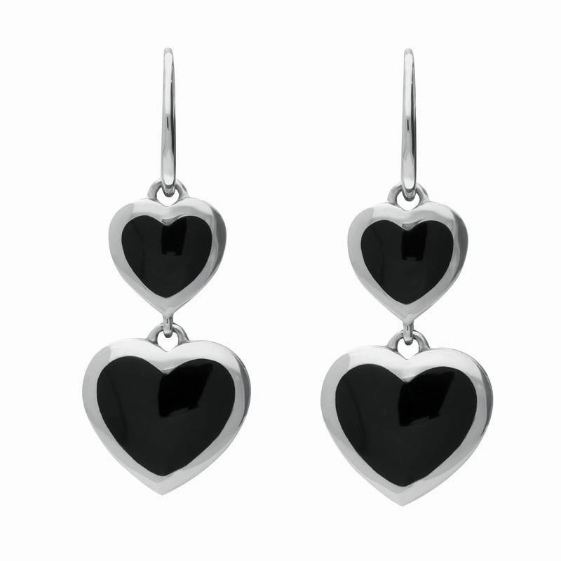 Sterling Silver Whitby Jet Essence Graduated Heart Hook Earrings