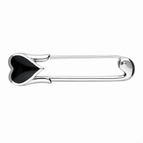 Sterling Silver Whitby Jet Essence Heart Safety Pin Brooch