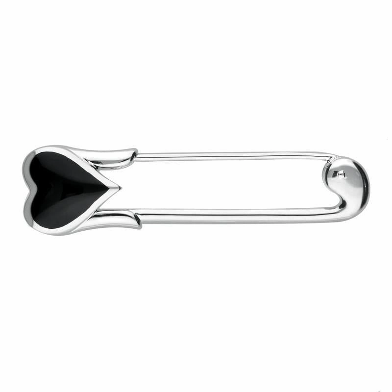 Sterling Silver Whitby Jet Essence Heart Safety Pin Brooch