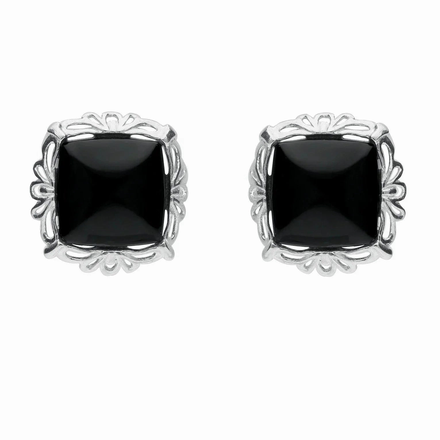 Sterling Silver Whitby Jet Fancy Cushion Stud Earrings