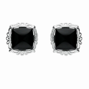 Sterling Silver Whitby Jet Fancy Cushion Stud Earrings